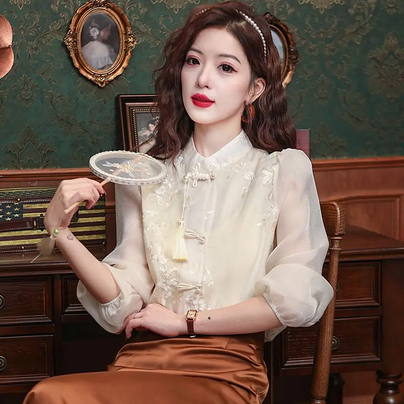 

New Chinese Style Embroidered Long Sleeve Shirt Women's Fashionable Spring Vintage National Style Small Audience Match All