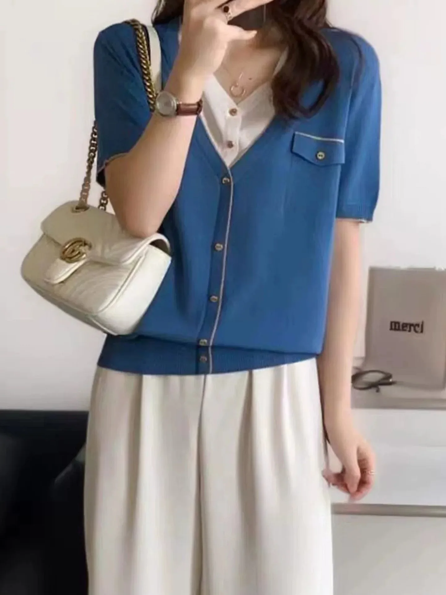 Haut tricoté en soie glacée v-ne ort Sve pour femmes, T-shirt d'été décontracté, coupe ample, couleur Blo Design