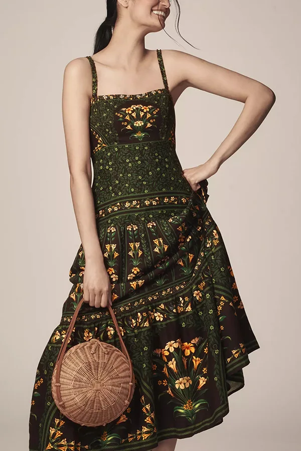 2025 Summer Sexy Dress Vintage Pattern Print A-Line Pleated Dress Square Collar Straps Long Dresses Sexy Backless Zip Boho Dress