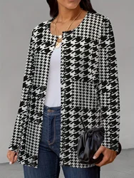 Houndstooth Printed Full Long Sleeve Outerwear Tos Women Casual O Neck Overcoats Ladies Basic Chic Long Coats