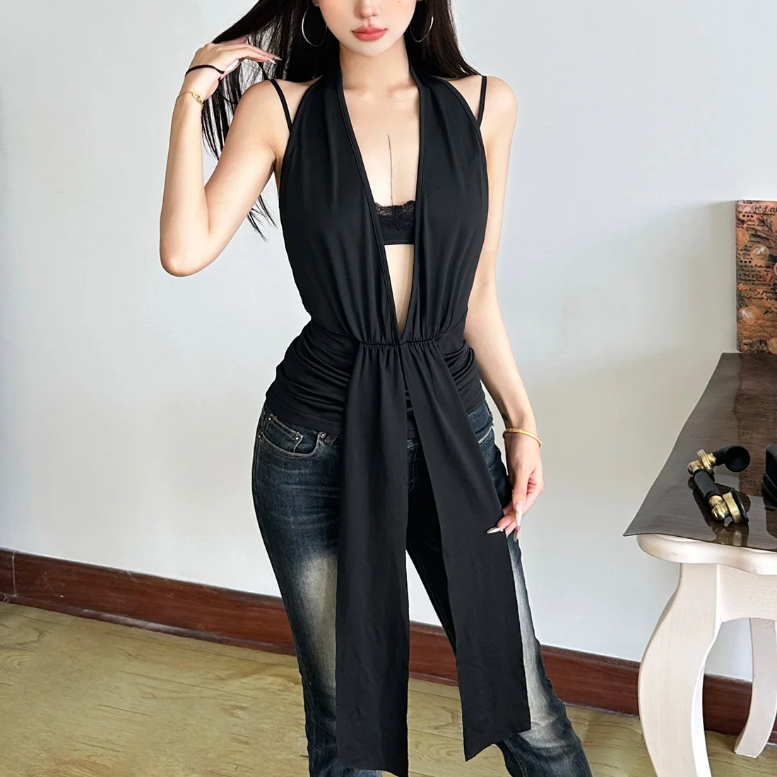

Summer new solid color sleeveless backless slim fit top with camisole underwear two-piece set for women