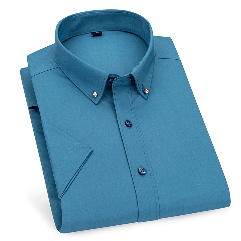 New in shirt Drilling buckle short sleeve shirts for men slim fit formal plain shirt elastic solid color designer office clothes