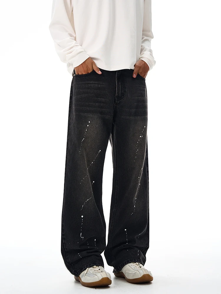 

Fashion Graffiti Black Loose Wide-leg Jeans Men's Autumn New American Simple Basic Wash Denim Pants Loose Straight Trousers