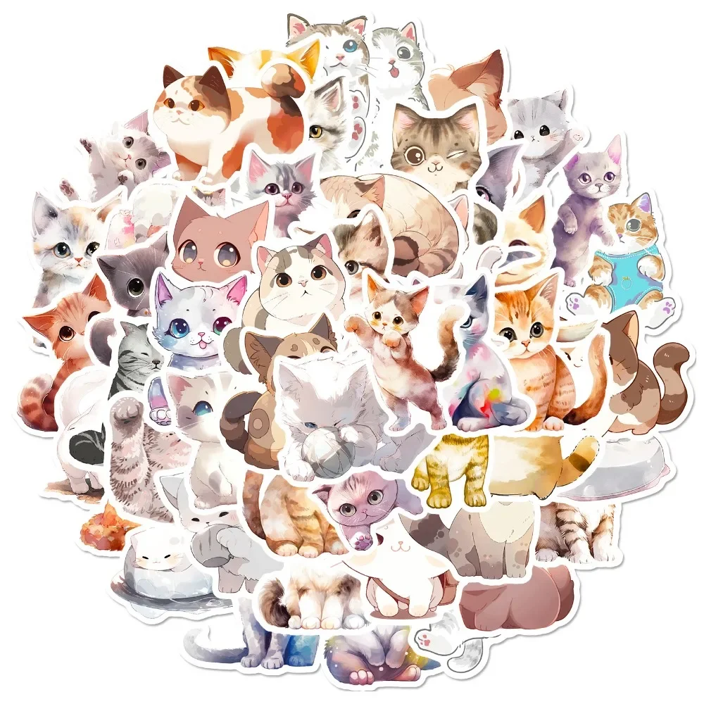 50pcs Cute Watercolor Cat Graffiti Stickers DIY Phone Wall Scrapbook Motorcycle Waterproof Cartoon Sticker for Kids Toys Gifts