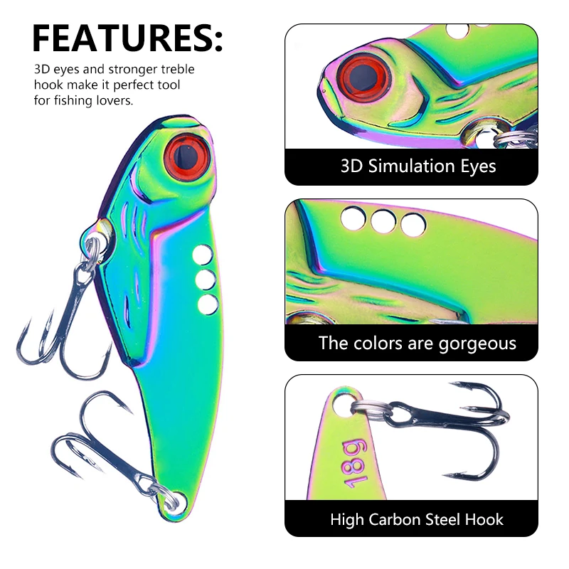 1Pc Metal Jig Bait Spinner 3D Eye Color Laser Spinning Gear Luring Cast Fishing Tackle Blade Hook Pesca VIB Lure Artificial Bait