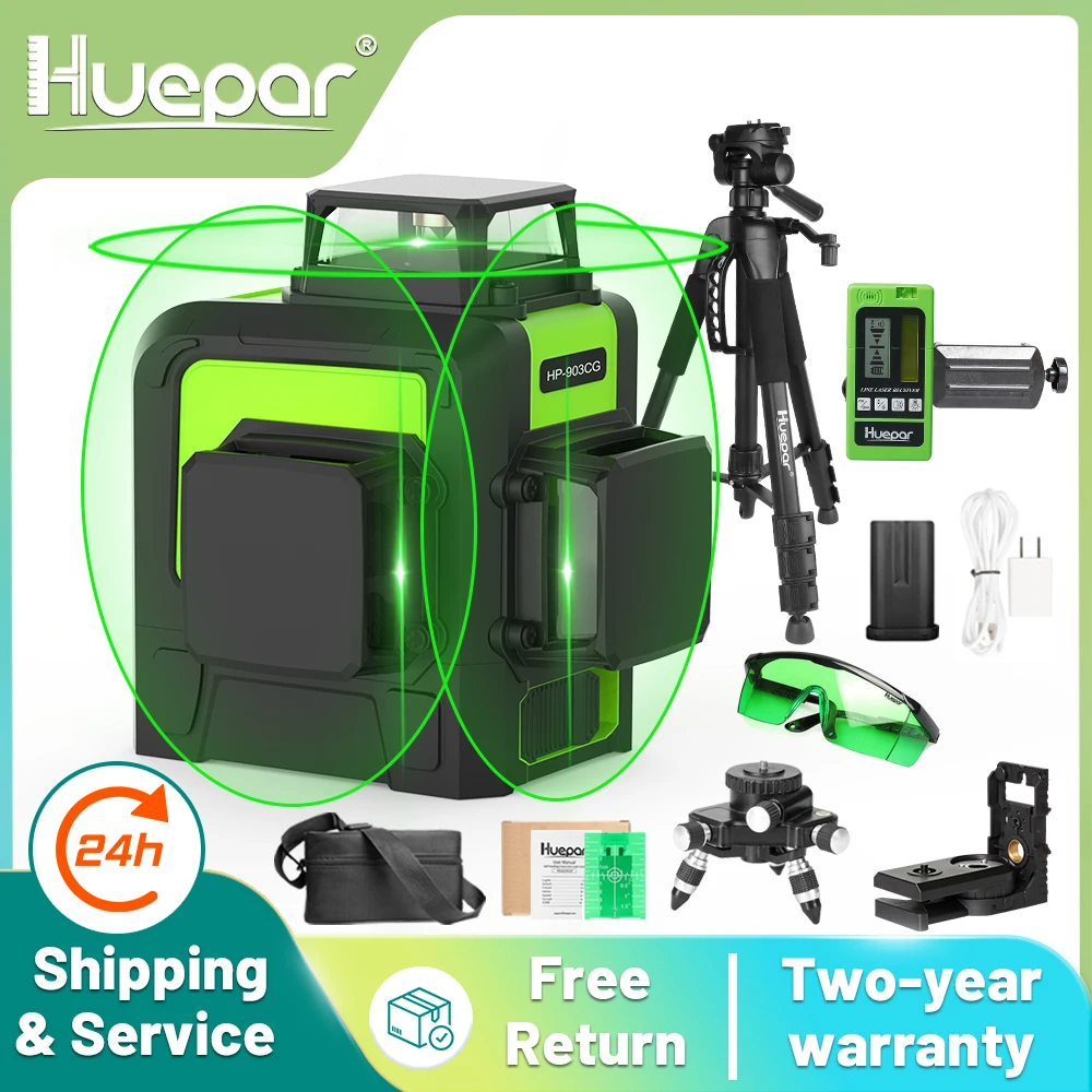 Huepar 12 Lines 3D Cross Line Laser Level Kit Osram Green Laser Beam Self-Leveling 360 Vertical Horizontal with Receiver Tripod