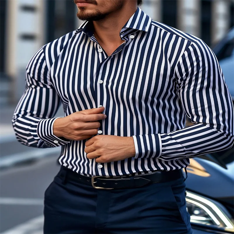 European high quality men's striped long-sleeved single-breasted casual business shirt luxury temperament plus size 6XL