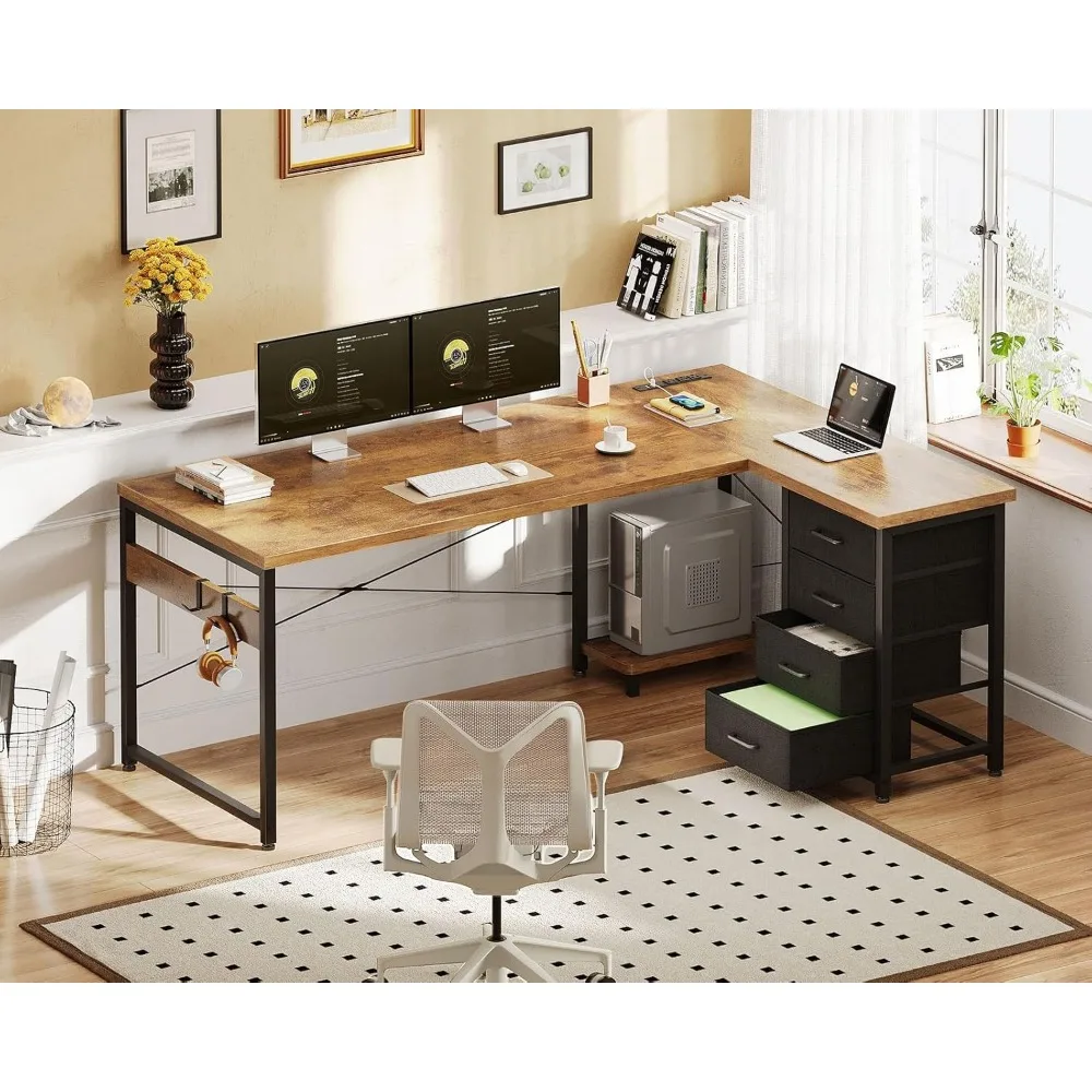 61'' L Shaped Desk with 4 Drawers, Reversible Corner Desk with Storage, Gaming Table with Power Outlets, USB Ports, Computer
