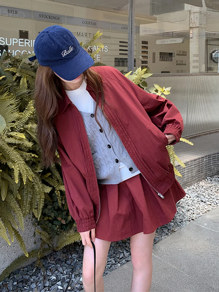 

Красный комплект из жакета и короткой юбки для женщин, ранняя осень, антивозрастной эффект, полный комплект, маленький размер, повседневный модный комплект