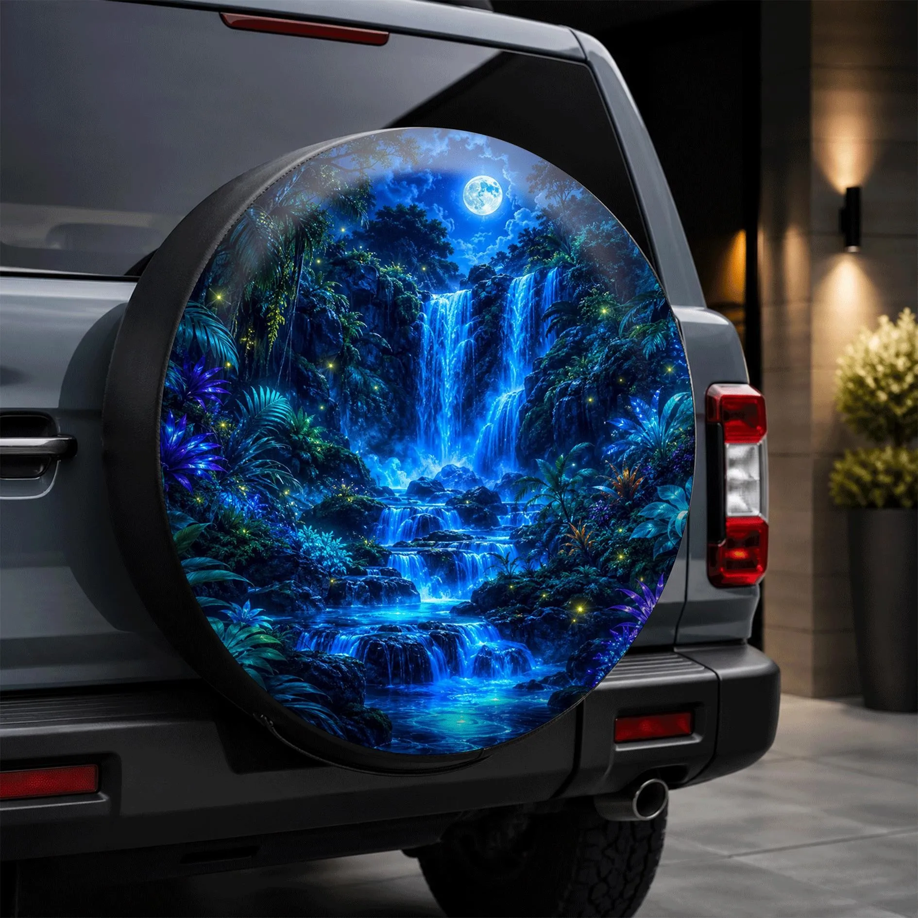 Housse de roue de secours universelle imprimée Forêt Scintillante dans le Noir avec Cascade, Protection de roue pour SUV, Camion, Camping