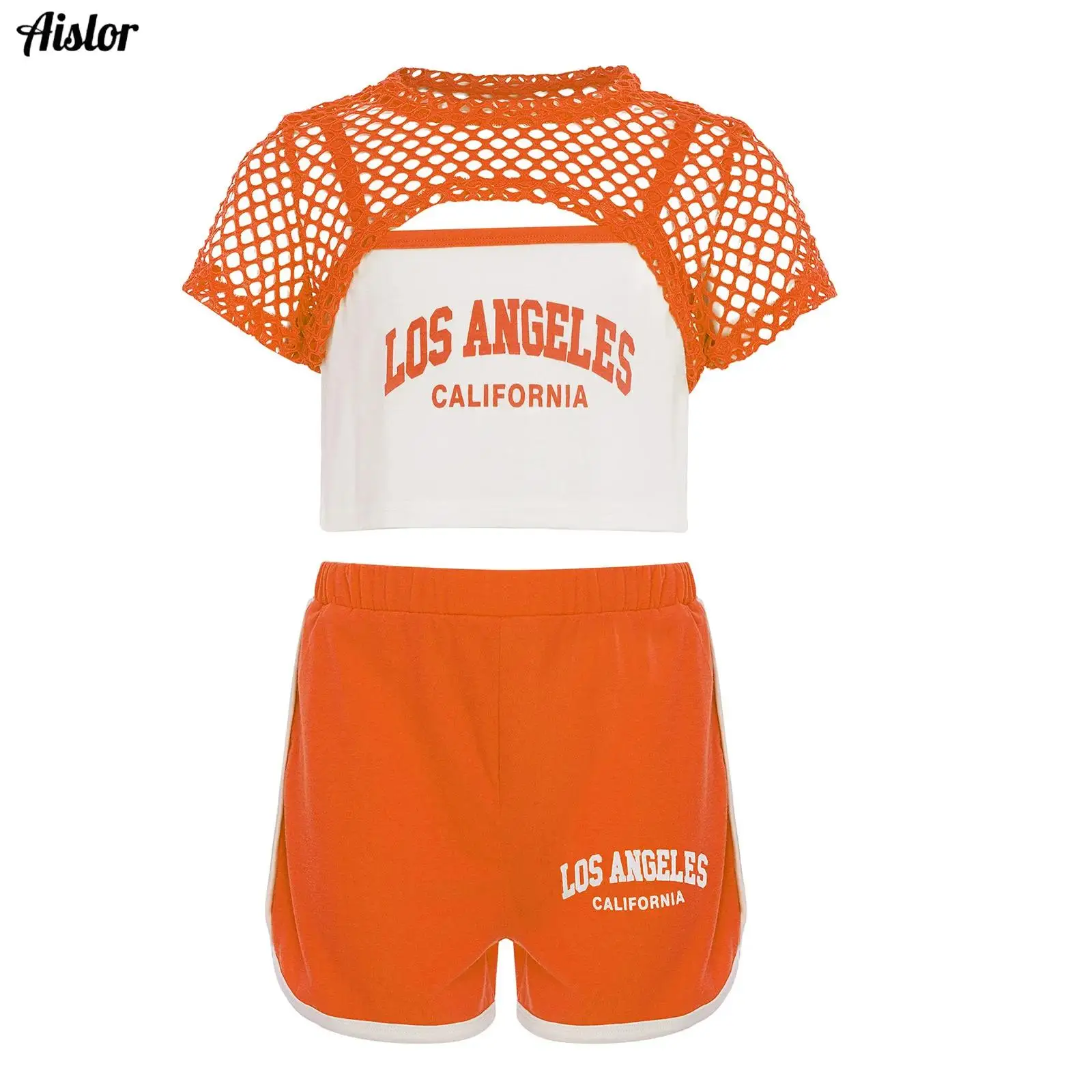 

Kids Girls Hip-hop Street Dance Clothes Outfit 3-Piece Casual Short Sleeve Hollow Out Mesh Crop Top Shirt+Camisole Vest+Shorts