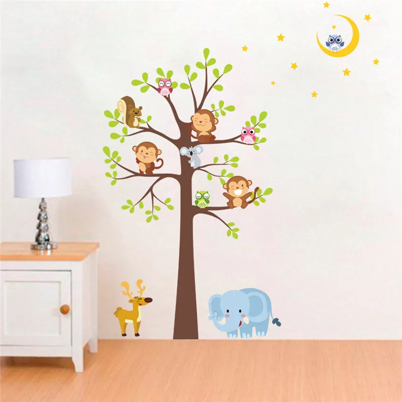 Lovely Monkey Owlet Animal Big Tree Wall Sticker For Kids Room Kindergarten Home Decoration Cartoon Safari Mural Art Pvc Decals