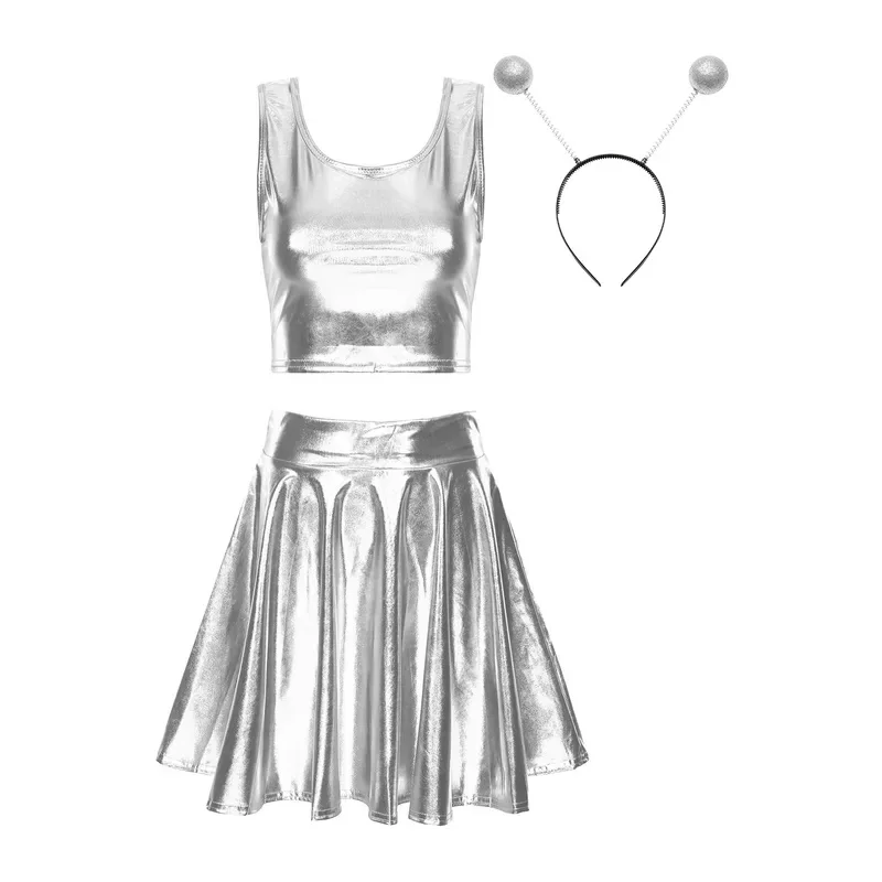 Womens Halloween Alien Costumes Astronaut Cosplay Uniforms Dress Space Clothing Shiny Metallic Tank Tops and Mini Skirt Set