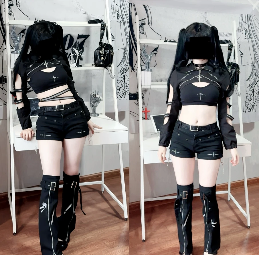 

Subculture Punk Functional Metallic Hollow Out Cropped Jacket Coat Y2K Cardigan Reflective Laser Camisole Chain Denim Shorts