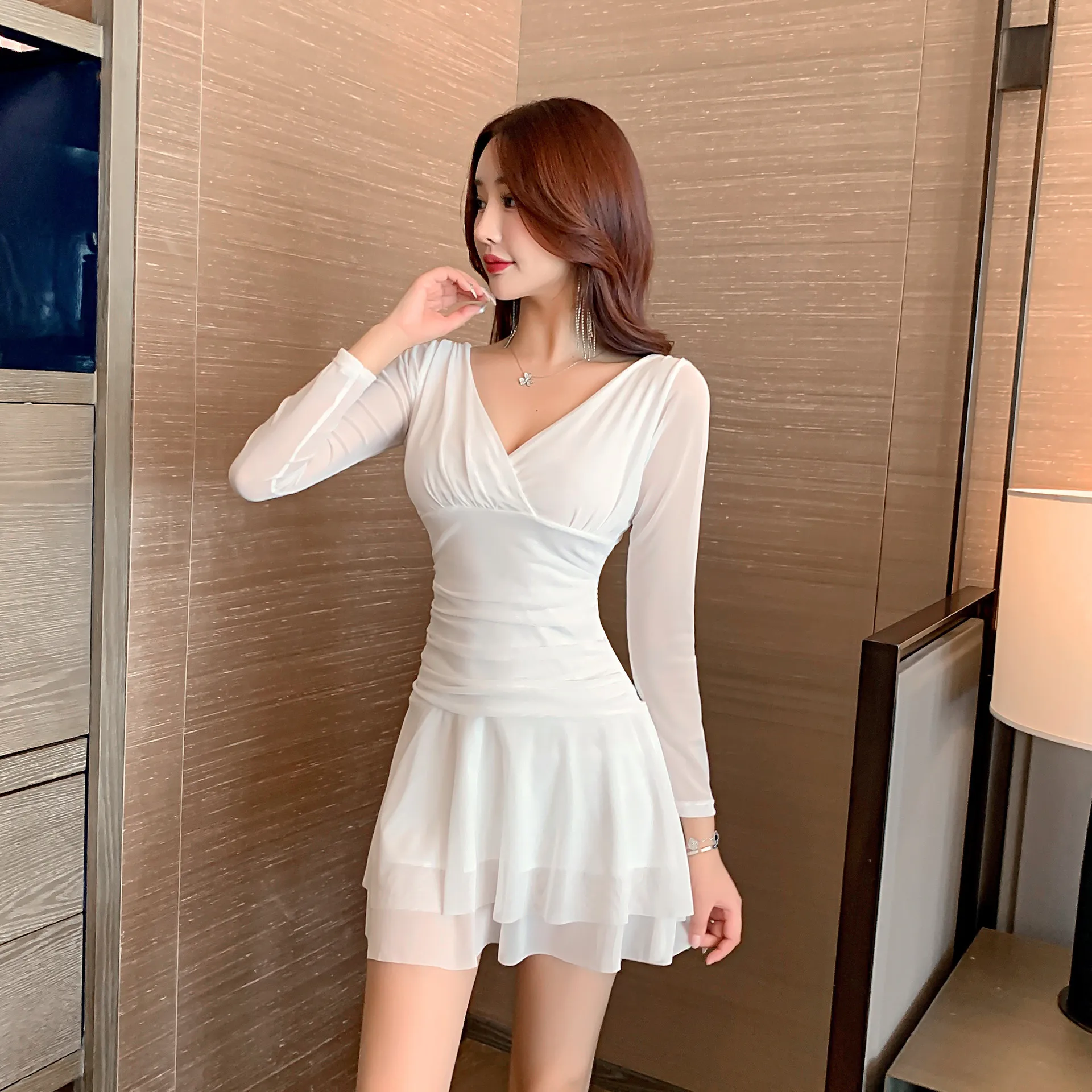 Fashion New Spring Summer Office Lady Deep V-Neck Long Sleeve Dress Sexy Girl A-linePleated Mesh Hip Skirt Woman Party Clothes