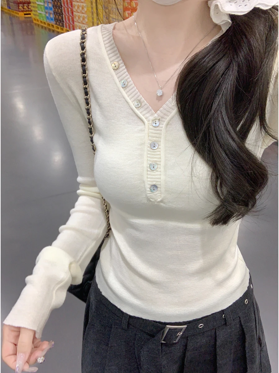 

Korean Sle Slim Fit V-Ne Button Design Knitwear Women's Long Sve Innerwear Sweater Faionable Autumn Winter New Arrival