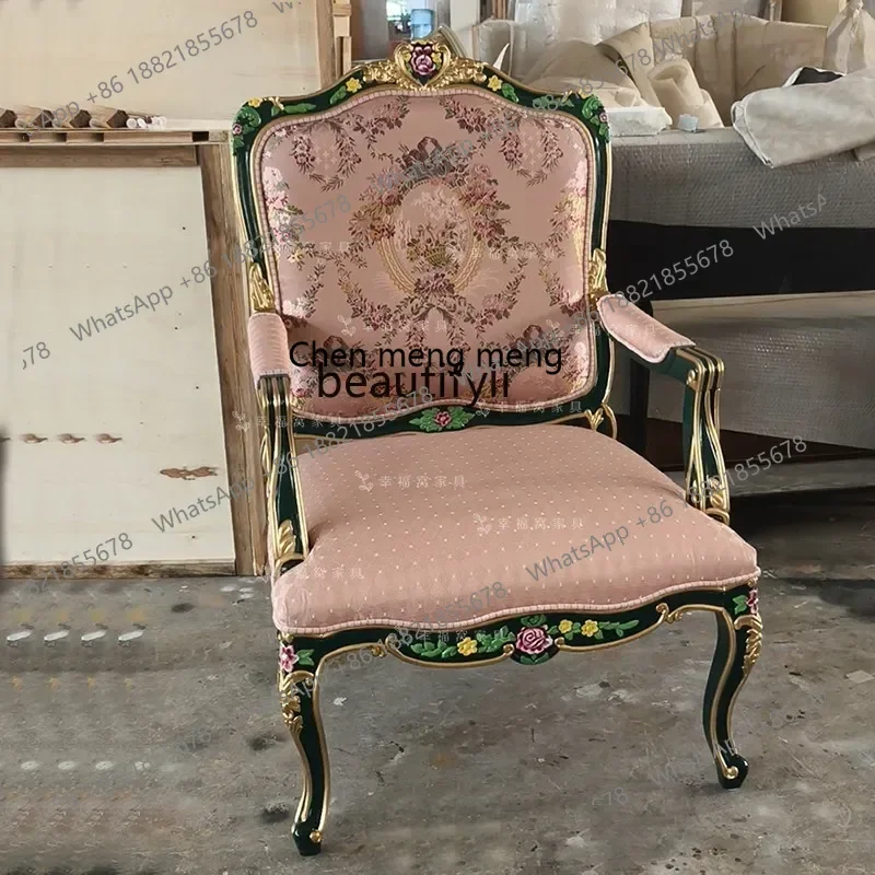 ss8350 French solid wood engraving single chair European embroidery book chair fabric leisure exhibition hall sofa