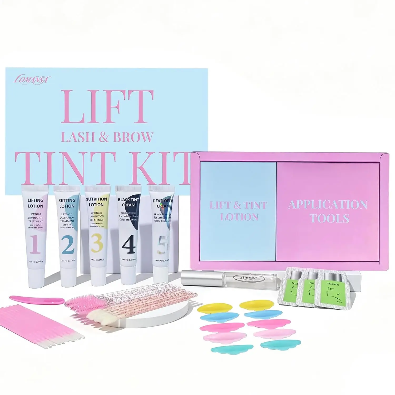 Kit Lomansa para Lifting y Coloración de Pestañas, Fijación Fuerte, Rizado Duradero 4 Semanas, Pestañas Negras Naturales y Más Oscuras, Herramientas