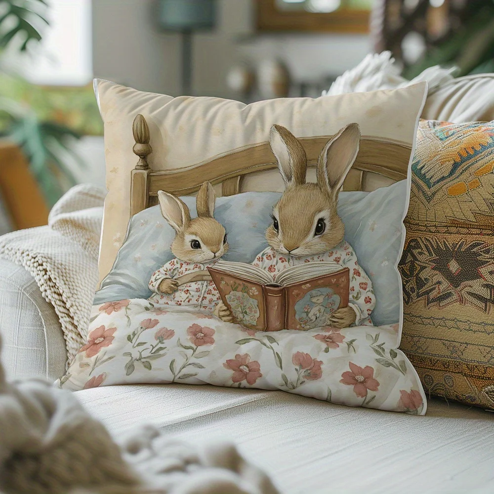 VIKAMA Vintage Cartoon, Adorable Rabbit Pattern Pillowcase Suitable for Study, Bedroom and Living Room Cushion Cover Home Decor