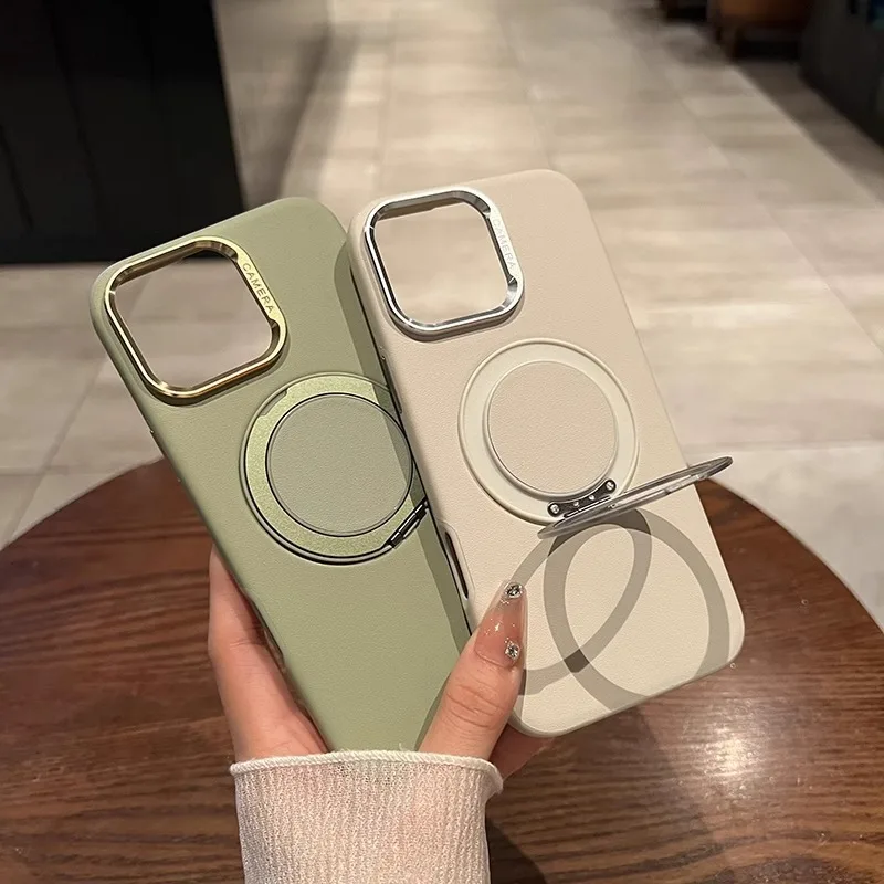 

360 ° rotating bracket leather feel case for iPhone 16 pro-anti-fingerprint drop-resistant phone cover with mechanical snap-on D