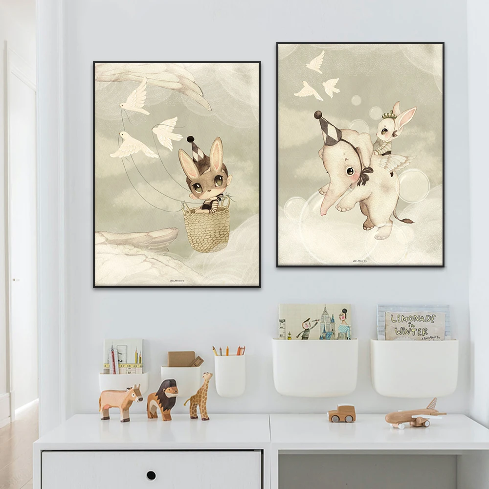 Cute Beige Rabbit Girl Canvas Prints And Posters Kids Room Wall Art Decoration Paintings Bedroom Modern Home Decor
