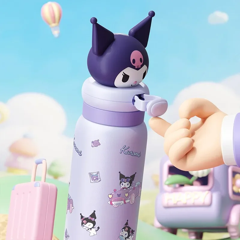 Sanrio 400ml Stainless Steel Cartoon Straw Cups Thermos Cup with Lifting Rope Hello Kitty My Melody Portable Kids Water Bottles