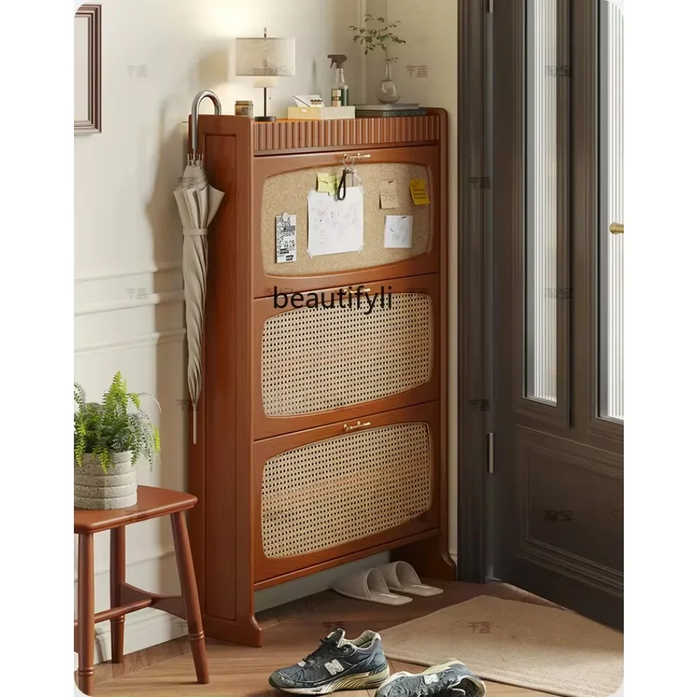 

Household Entrance Cabinet Cherrywood French Vintage Style Rattan Corridor Storage Cabinet