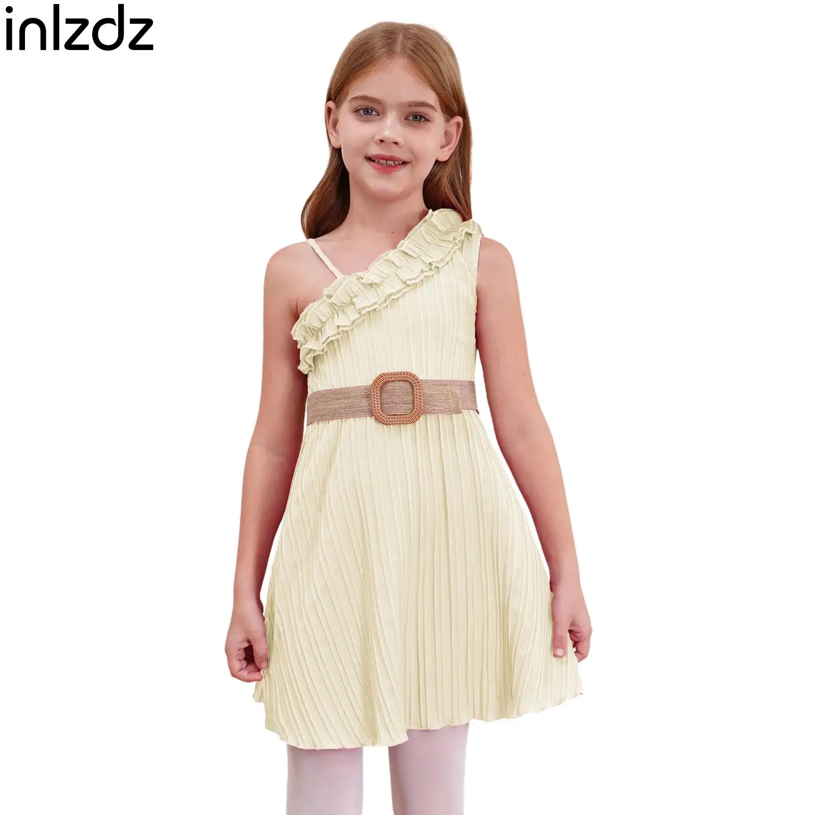 Kids Girls Trim One Shoulder Sleeveless Dress with Belt A-line Swing Skirt Spaghetti Straps Ruffled for Wedding Flower Girls