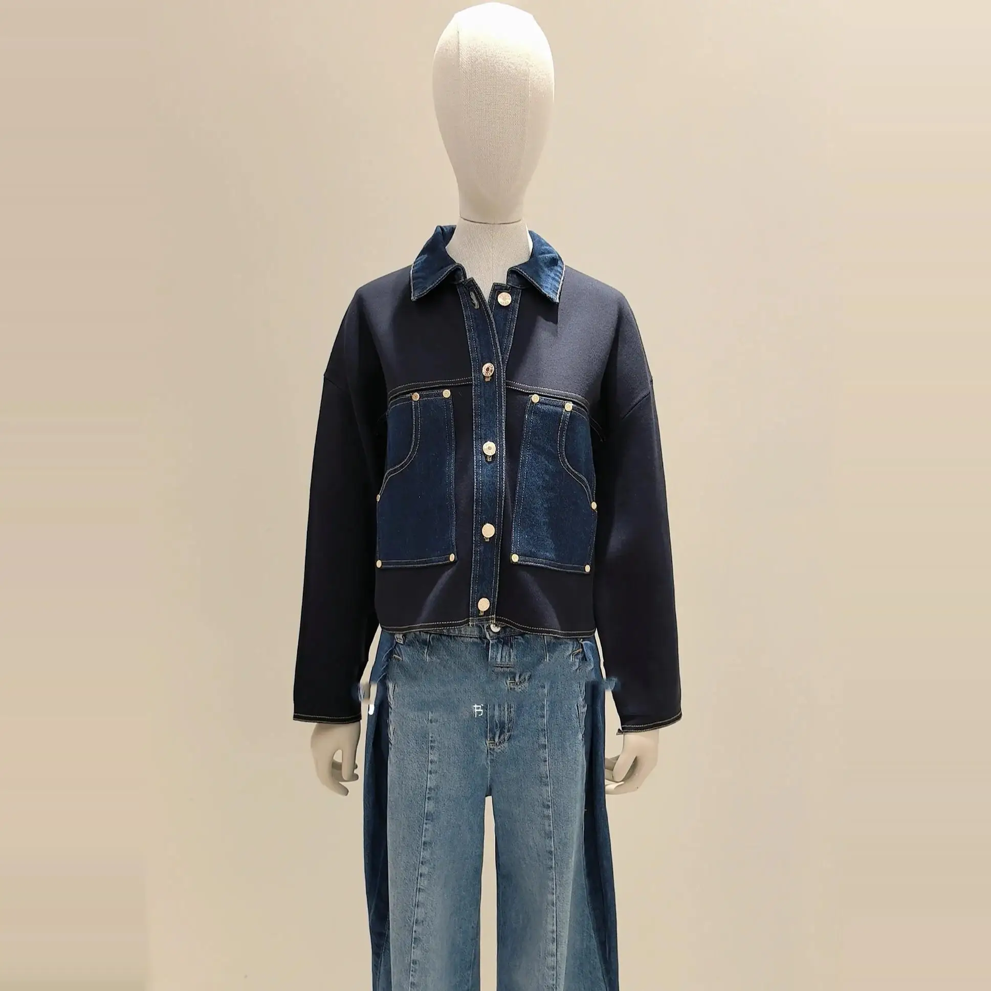 

High-End Version European Sle Women's Denim Patchwork Knitted Cardigan ort Outerwear Faion Design Collar Stand-Up Top
