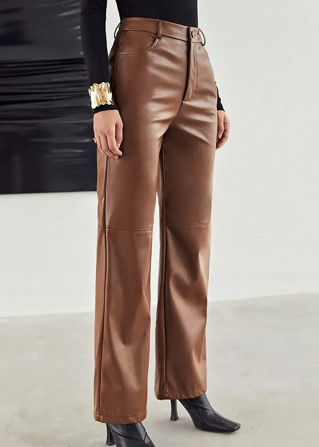 Women Leather Pants High Waist Straight Slimming Side Pockets Solid Color Casual Party Fall Trousers Spring Autumn Clothes