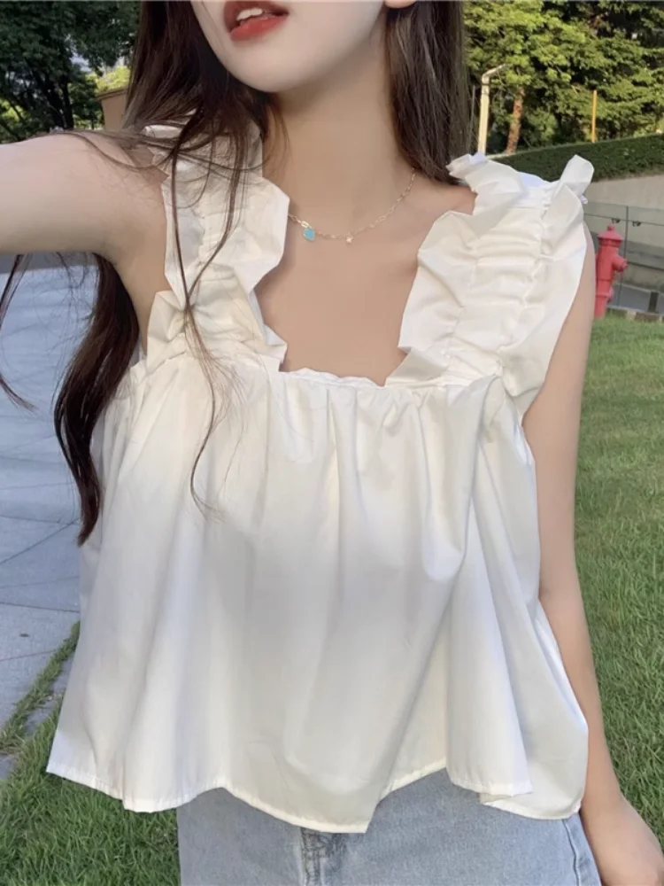 

Cute Doll Shirt Strap Vest Women Summer Design Cute Short Sleeveless Short Top Outerwear Sweet Style Japanese Fashion