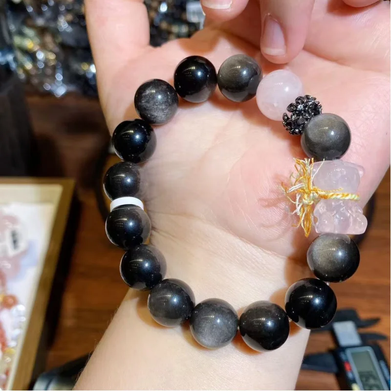 Silver Obsidian Rose Quartz Bear Bracelet Women, Artistic Retro Ethnic Style