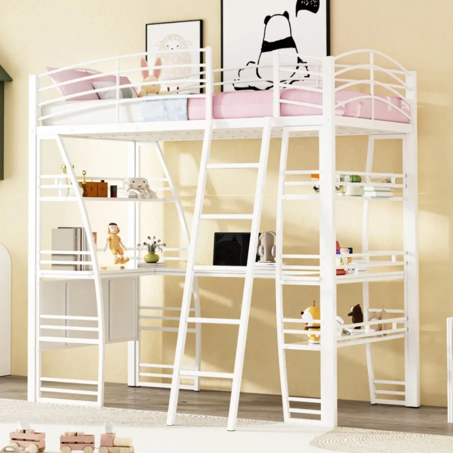 

Twin Size Loft Bed with 4 Layers of Shelves and Lshaped Desk Stylish Metal Frame Bed with a set of Sockets USB Ports and and Wi
