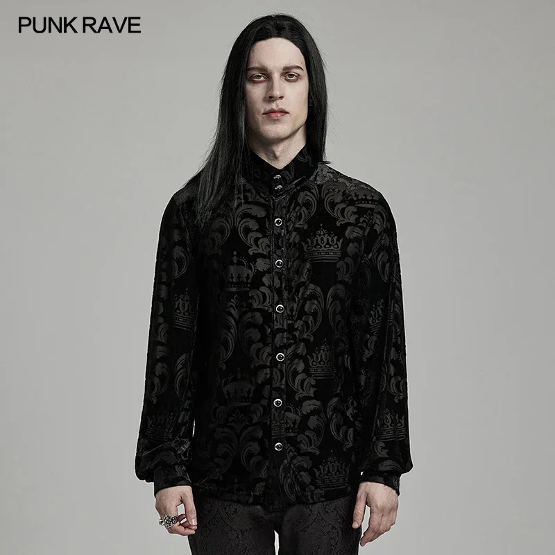 PUNK RAVE Men\'s Gothic Velvet Floral Crown Pattern Shirt Fit Design Gorgeous Party Club Black Tops Designer Clothes Men