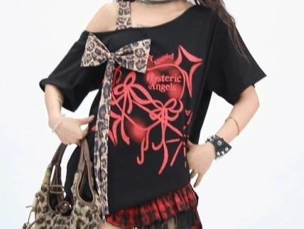 Leopard Print Sweet Bow Irregular Off-the-shoulder Loose Short Sleeve T-shirt Summer Street Versatile Age-reducing Japanese Tops