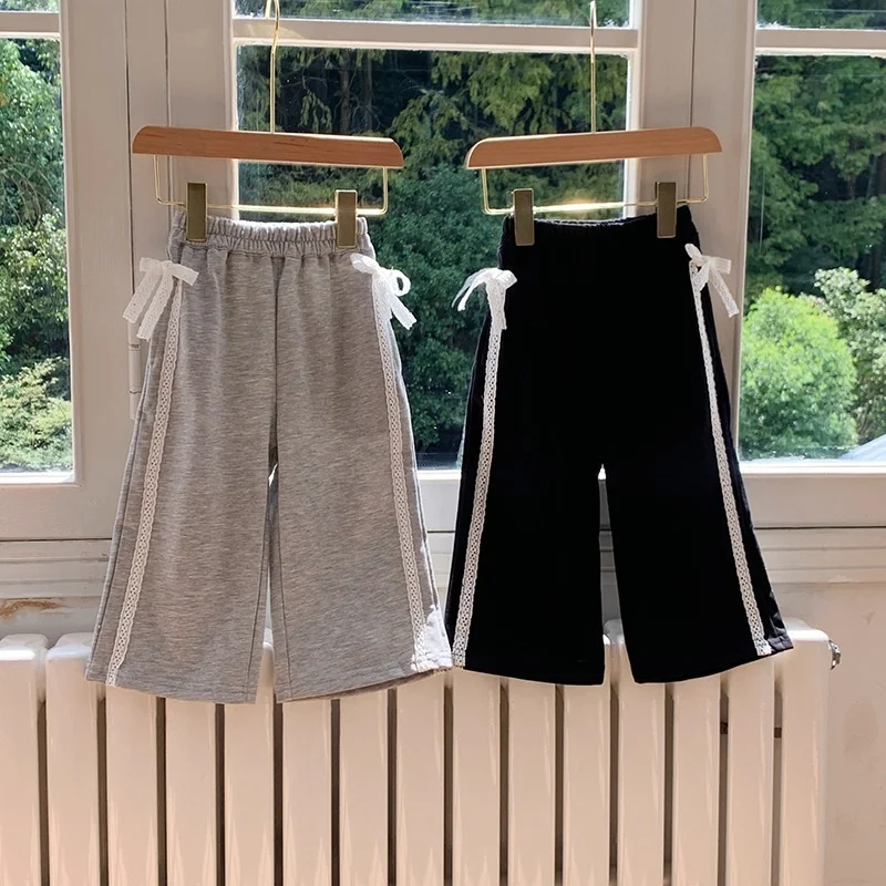 

Girl's Spring Summer Autumn Pants 2026 Korean Children's Clothing Lace Bow Stylish Wide-leg Pants Casual Sweatpants
