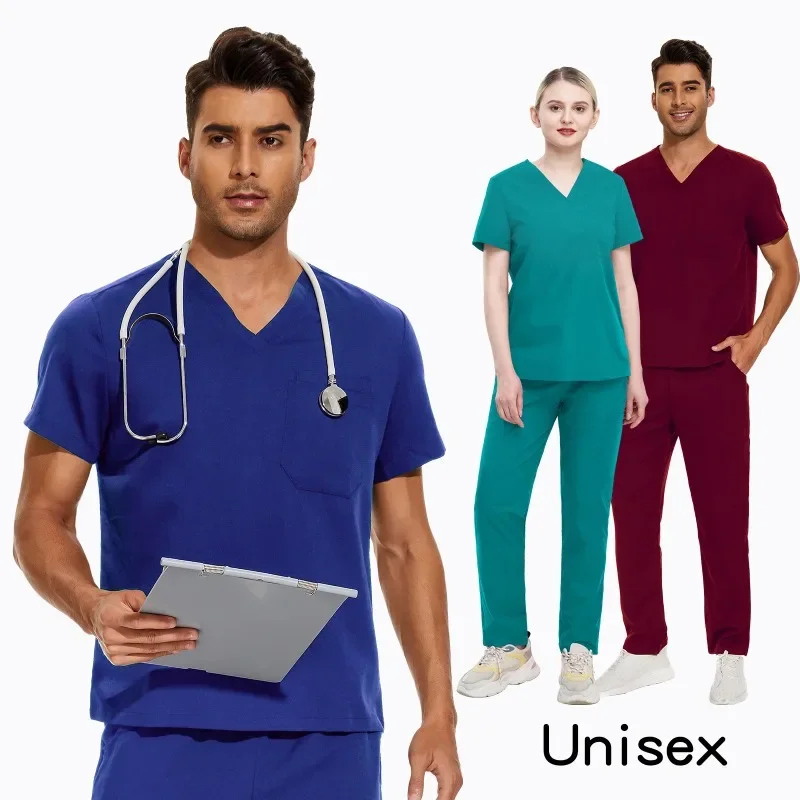 

Operating Room Scrubs Set Short Sleeve Unisex Surgical Gown Pants for Doctors and Nurses Solid Colors Hospital Clinic Costume