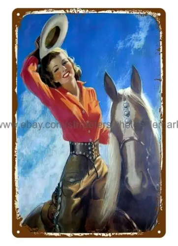 retro western art cowgirl horse metal tin sign man cave artwork walls tin sign