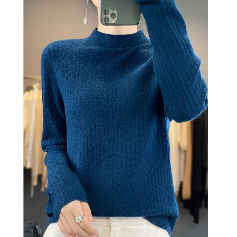 

Women Autumn Winter Pure Wool Soft Sweater Half-high Collar Waffle Cubes Pullover Female Thickened Casual Knitted Basis Top A465