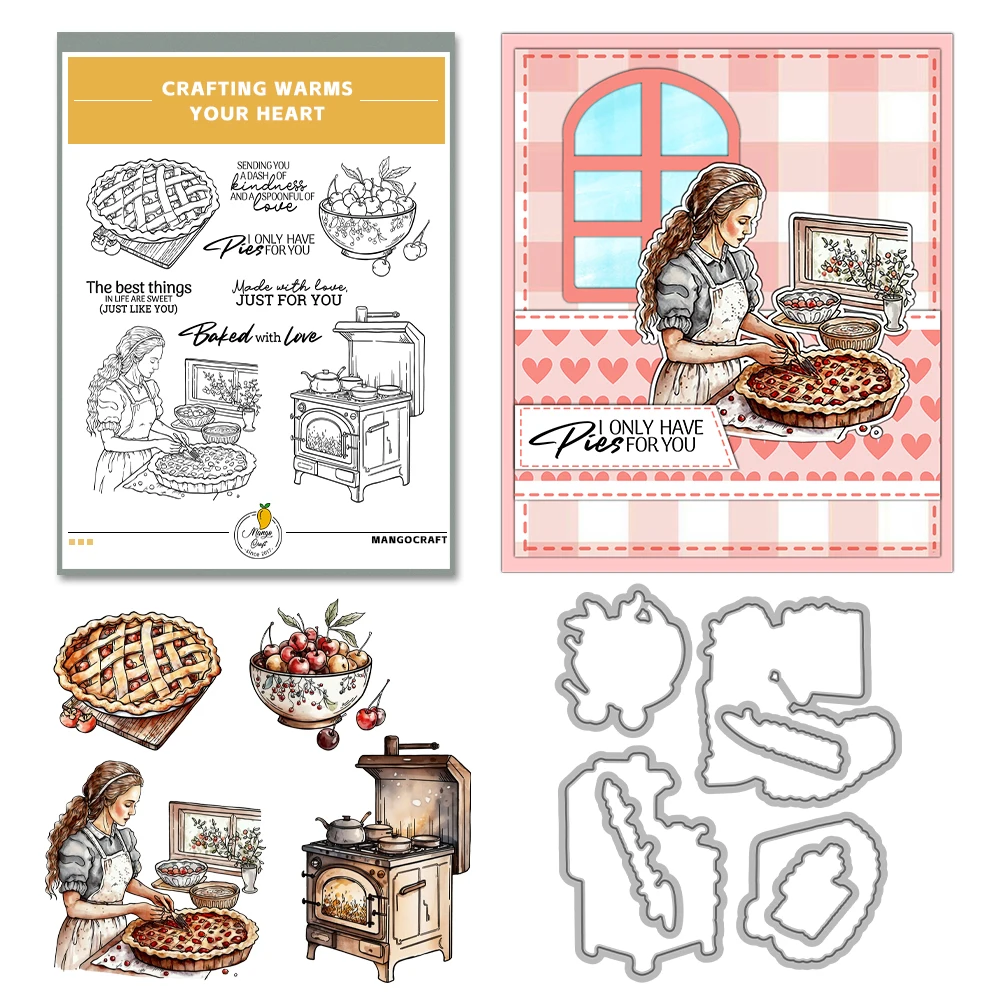 Mangocraft Women Cooking Pastry Sweet Pies Cutting Dies Clear Stamp DIY Scrapbooking Metal Dies Silicone Stamp For Cards