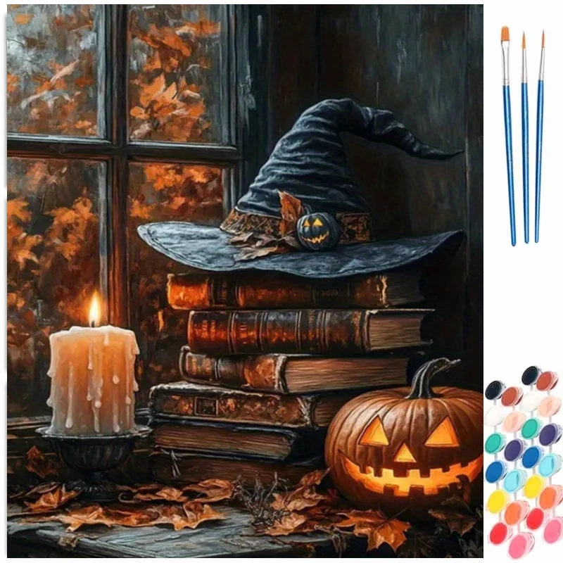 DIY Oil Painting By Numbers Kit Witch Hat Halloween Acrylic Paint By Numbers Diy Numbers Painting Art on Canvas By Numbers