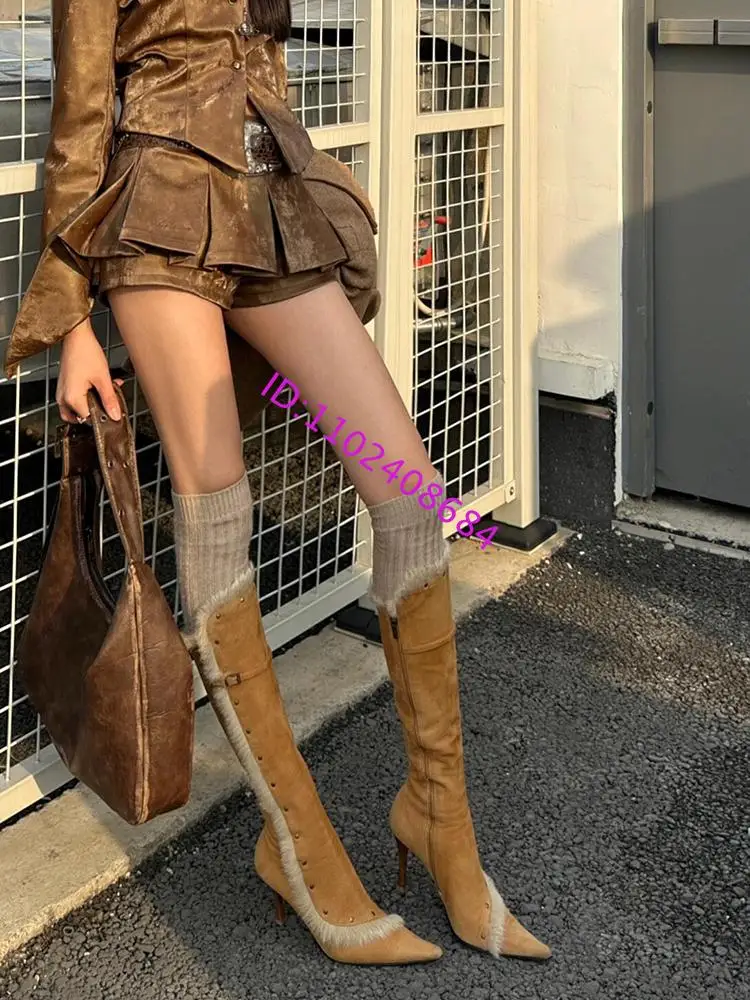 Design Women High Heel Pointed Toe Brown Fur Knee High Boots Sexy Lady High Heel Side Zipper Pointed Toe Fur Boots