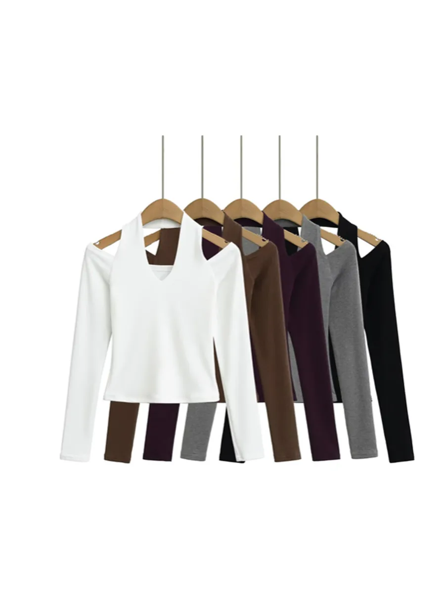 Sexy Layered oulder Baring Long Sve Ne Hanging T-irt Inner Wear Base irt Design Sense Street Sle ort Length