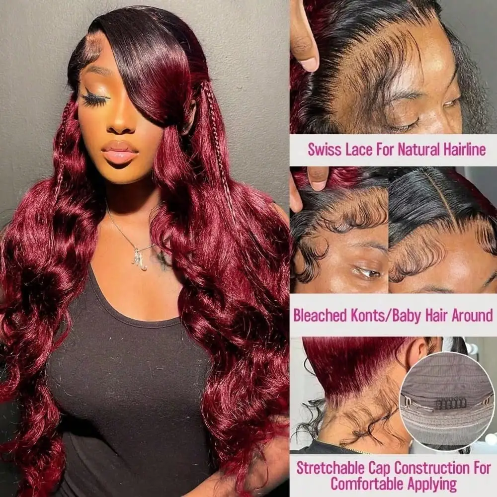 Ombre Burgundy 200 Density Body Wave Lace Front Wigs Human Hair 13x4 HD Transparent Ombre 1B/99J Colored Lace Closure Wig Human Hair Pre Plucked With Baby Hair Brazilian Virgin Water Wave Human Hair Glueless Wigs For Women