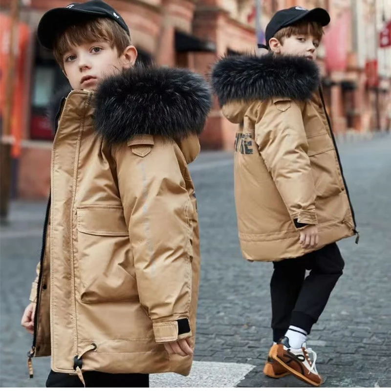 Fur Hooded Duck Down Jacket Zipper Children Winter Jacket Warm thicken Windbreak Outwear boys3 4 5 6 7 8 T-35 Degreescoat New