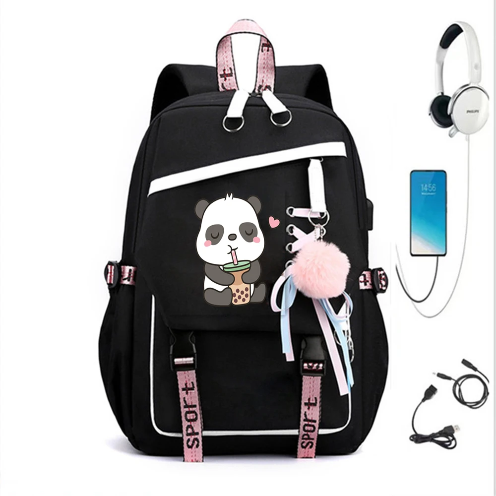 Panda เครื่องดื่ม Boba ชาอะนิเมะกระเป๋าเป้สะพายหลังโรงเรียนกระเป๋าสาว Back Pack สําหรับวัยรุ่นกระเป๋านักเรียนหญิงหลักผู้หญิงกระเป๋าเป้สะพายหลังวัยรุ่น Bookbag
