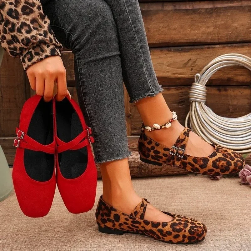 Ballet Flats Women Loafers Barefoot Floors Trend Comfortable Shoes Stylish Red Leisure Leopard Print Color Offer Plus Size 43