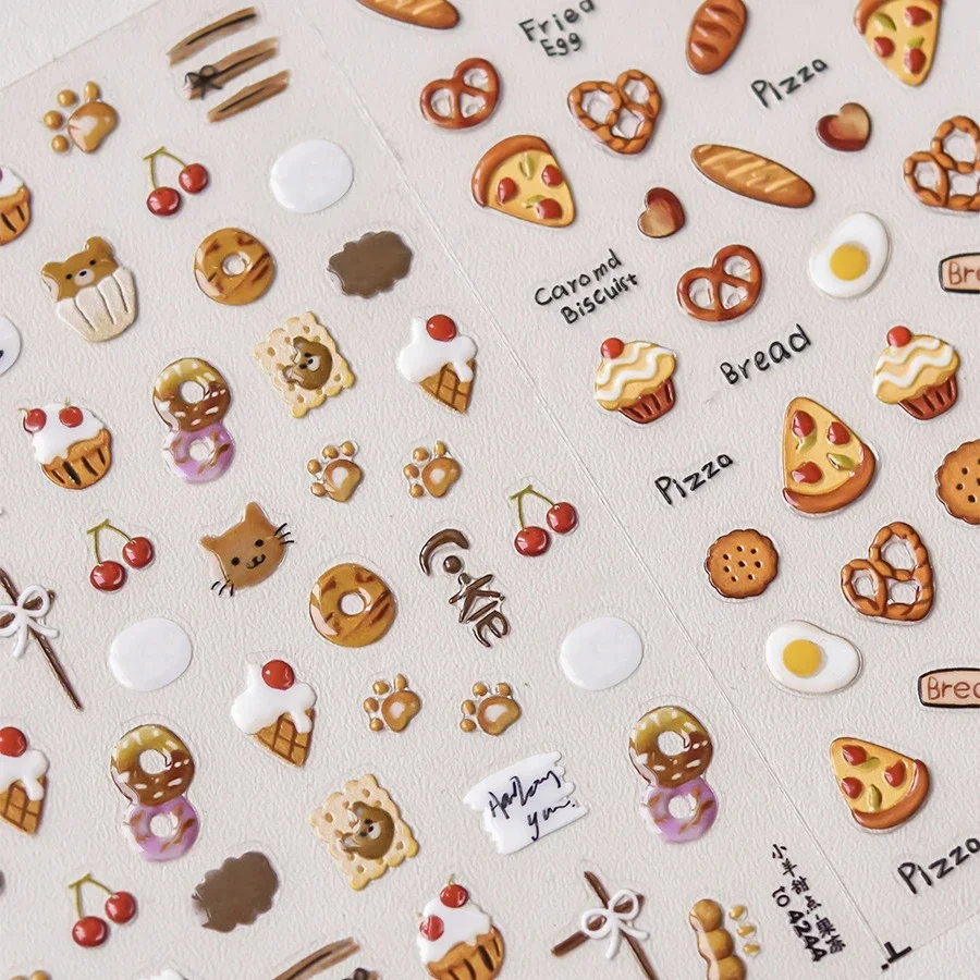 Niedliche Spiegelei Donut Pizza Kuchen Brot Keks Essen Bär Hund Katze Herz Cartoon geprägt Relief Nail Art Aufkleber Maniküre Aufkleber