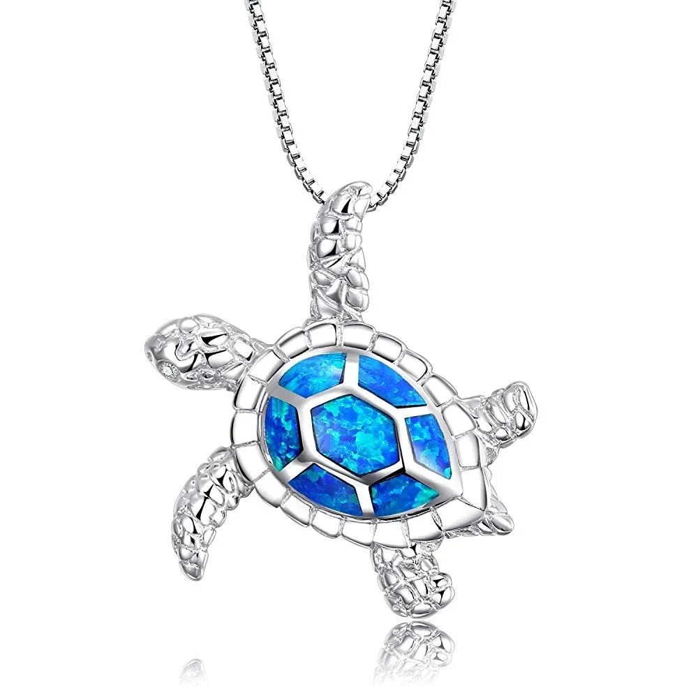 Elegant Sea Turtle Pendant Necklace, Silver Color Animal Jewelry with Blue Opal, Ocean Theme Birthday Gift for Women Girls