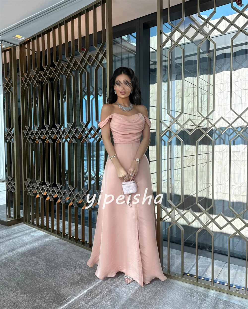 CustomizedOrganza Draped Pleat Ruched Engagement A-line Off-the-shoulder Bespoke Occasion Gown Long Dresses